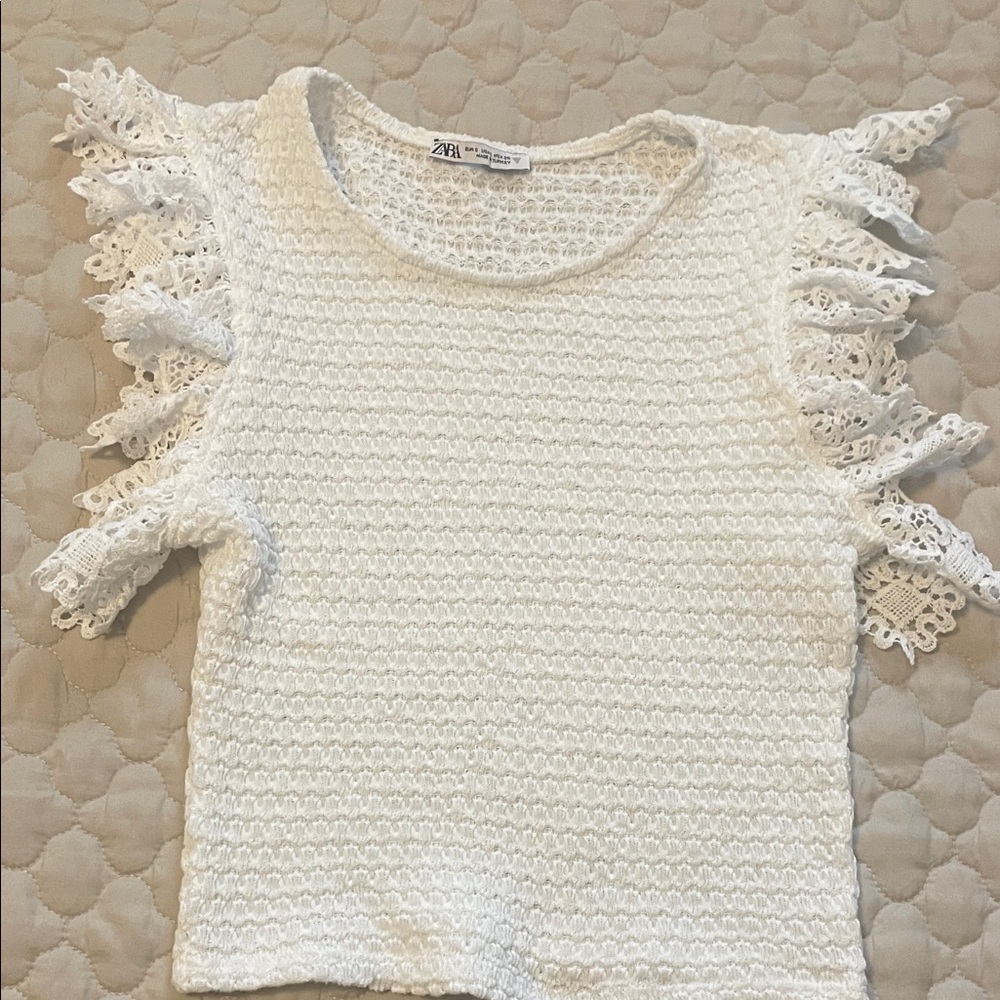 Zara White Lace Ruffle Sleeve Top